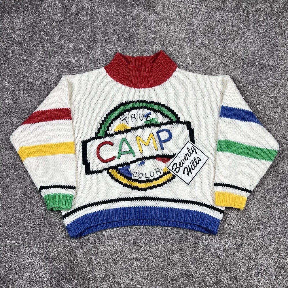 VINTAGE 80s CAMP BEVERLY HILLS LOS ANGELES KNIT SWEATER TRUE COLOR Small - Med